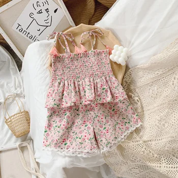 Baby Dievčatá Ležérne Oblečenie Sady 2021 Letný Detský Oblek Kvetinový Záves Topy+Šortky 2 ks Oblečenia Batoľa Dievčatá Oblečenie Veľkoobchod Hot