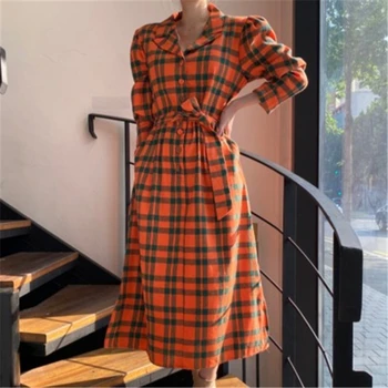 Dámske Klasické Dlhé Kockované Šaty Jeseň kórejský Vintage Klope Lístkového Rukáv Overknee Femme Šaty Módne Bežné Pás Šaty 2020