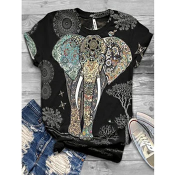 Ženy tričko Cartoon Slon Vytlačené Krátky Rukáv Zviera Tlače T-shirt O-krku Bežné Zvierat Tlač Topy 5XL Plus Veľkosť Čaj