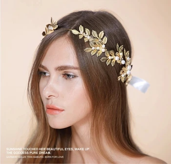 Ručné Zlato Opustiť Tiara Svadobné Koruny Vintage Svadba Vlasy, Šperky, Perly Príslušenstvo Ženy Headpiece