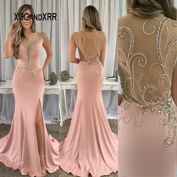 Luxusné Morská Víla Prom Šaty 2020 Ružová Dlho Formálne Večer Dresss Lopatka Ilúziu, Lištovanie Crystal Strane Pozdĺžneho Swep Vlak Plus Veľkosť
