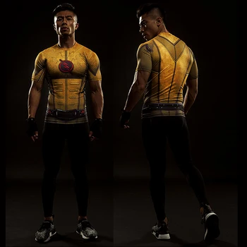 Superhrdina krátke rukávy T-shirt letné módne športové fitness rýchle suché tesné tričko žlté flash cosplayt-shirt