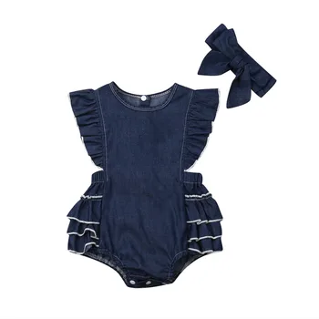 Dieťa Romper Novorodenca Baby Girl Volánikmi kovboj Romper Jumpsuit Playsuit Čelenka 2 ks Oblečenia Nastaviť Oblečenie