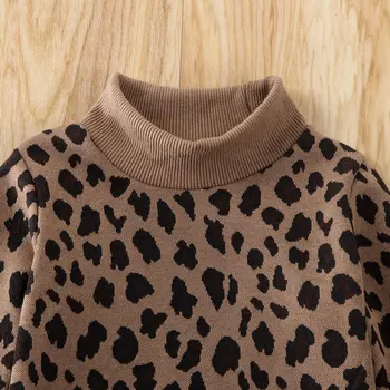 2 KS Boutique Batoľa Detský Baby Girl Šaty Leopard tlač Turtleneck Sveter Topy +Pu Sukne Oblečenie Súbor 1-5Y