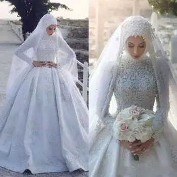 2021 Moslimských Svadobné Šaty s Hidžáb Dlhé Rukávy Čipky Appliqued Sweep Vlak Svadobné Šaty Vestido De Novia