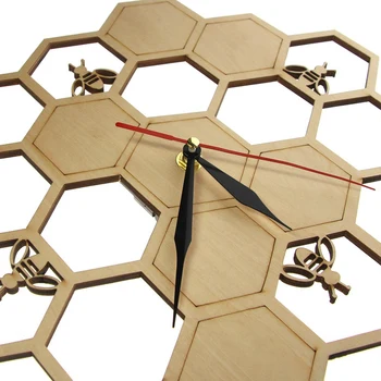 Nové-rezanie Dreva Hodiny Mede Včela na Med Špirála Hexagon Prírody Hodinky, Nástenné Hodiny Geometrických Kuchyňa Art Decor
