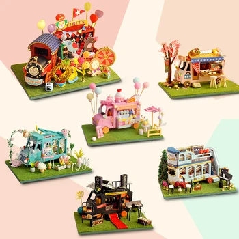 DIY Drevený domček pre bábiky Mini Auto Shop 3D Bábika Domy Miniatúrne S Nábytkom Cirkus Kvet Kantó Varenie Auta Tvorivé Deti Hračky