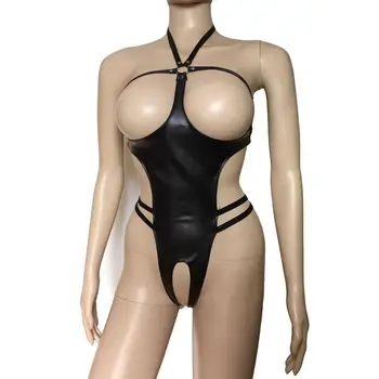 Sexy Ženy Faux Kožené Open Cup Telo Postroj Teddies Crotchless Bikini Späť Kombinézu Pani Fetish Kostým