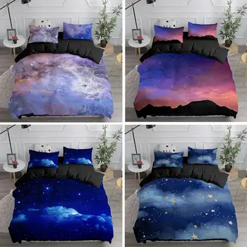 Hviezdnej Nočnej Oblohe posteľná bielizeň Nastaviť 3D Tlač Moon & Star Blue Gradient Farba Cumlík King Size Posteľ List obliečky na Vankúše Perinu