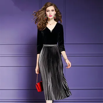 Nové 2020 Ženy Elegantné Lištovanie Zamatové Šaty Festa Ženské Party Oblečenie Vysokej Kvality Dizajnér Skladaný Vestidos Plus Veľkosť M-4XL