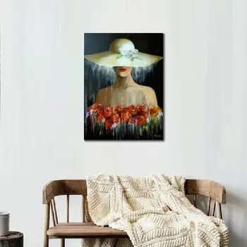 Ručne maľované abstraktné Obrazy žena v klobúk s kvetmi moderné plátno olej obrázok umenie na stenu decor moderné obrázok