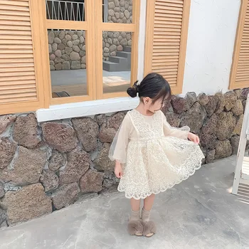 2019 Jeseň Nový Príchod kórejský štýl bavlna all-zápas princezná čipky grenadine dlhý rukáv party šaty na sladké roztomilé dieťa dievčatá