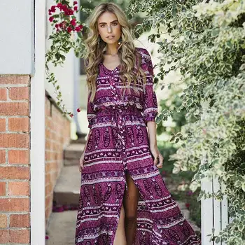Boho Inšpiroval plážové šaty Bežné kvetinový vytlačené sexy Rozdeliť dlhý rukáv tunika zábal letné šaty hippie chic vestidos 2020