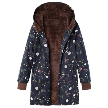 Dámske Zimné Teple Kvetinový Tlač s Kapucňou Vrecká Vintage Nadrozmerná Coats Lady dlhý rukáv zips, zosilnené plyšové rastlín bunda, kabát