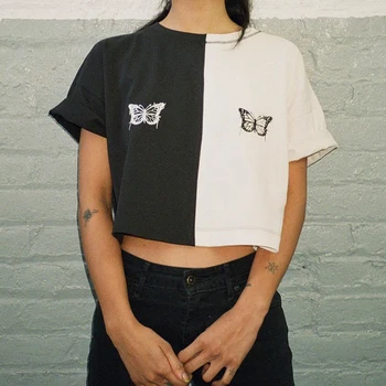 HEYounGIRL Patchwork Čierna Biela Harajuku T-shirt Ženy Móda Príležitostné Voľné Krátky Rukáv Plodín Top Tričko Butterfly Lete roku 2020