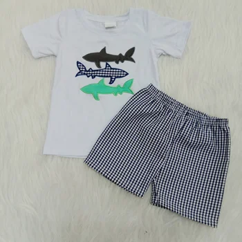 2020 letné detské boutique oblečenie baby chlapci Shark výšivky top Seersucker šortky oblečenie organické deti, módne súpravy
