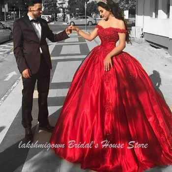 Lakshmigown Luxusné Červené Svadobné Šaty Off Ramenný 2019 Vestido de Novia Svadobné Šaty Elegantné Ženy Satin Dlhé Svadobné Šaty