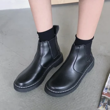Ženy Chelsea Boots Krátke Členok Pošmyknúť Na Dámy PU Kožené Topánky na Jeseň Žena Nízke Podpätky Šitie Módne Topánky Dámske Ležérne Nové