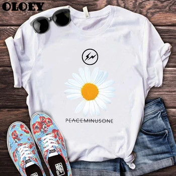2020 Leto, Ženy G-DRAGON Daisy Print T shirt Topy PEACEMINUSONE Logo T-shirts Módne Hip Hop Streetwear Módy Grafické Tees