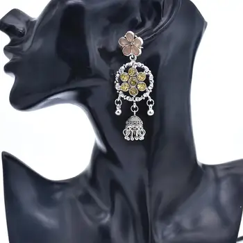 Vintage Farebné crystal Korálky Strapec Jhumka Indickej Etnických Bollywood Visieť Náušnice Pre Ženy Cigán Kmeňa Kolo Vyrezávané Šperky