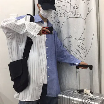 Dlhý Rukáv Patchwork Tričká Pánske Pohode Harajuku Pruhované Tričká Muž Bežné Pohode Košele Streetwear Módy 2019 Kórejský Tričko Muž