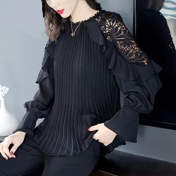 Na jar a na jeseň dlhým rukávom rozstrapatené šifón tričko black duté háčkovanie prekladané skladaný klesnutie tričko ženy