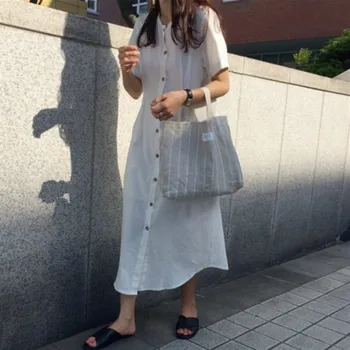 Kórejský Stručný Ženy Letné Dlhé Tričko Šaty Žena Vintage Bodycon Vestidos s Tlačidlami Župan Femme Ete Sukienki Jurken