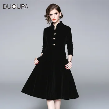 2019 Nové Retro Hepburn Malé Čierne šaty Golierom Mid-dlhý Rukáv Rukáv Slim Zamatové Šaty Žena Jeseň a v Zime
