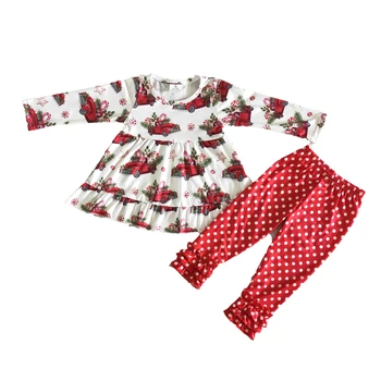 Hot predaj boutique dievčatá zimné oblečenie baby dievčatá Vianočný kamión top a bodka nohavice nastaviť módne deti oblečenie