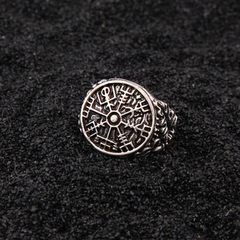 925 sterling silver Viking Vegvisir rune Štít nastaviteľný krúžok s vintage viking dreva poľa ako darček