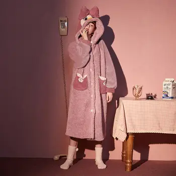 Pyžamá pre Ženy Lúk s Kapucňou Sleepwear Pink Coral Fleece Ženy, Domáce Oblečenie, Zimné Salónik Cartoon Kačica Pijama Ženy Hrubé
