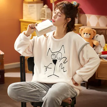 Ženy Pyžamo Nastaviť Cartoon Coral Fleece Pyžamá Sleepwear oblečenie pre voľný čas Lady Roztomilý Voľné kórejský Pijama mujer Pyžama Dievča Femme Plus