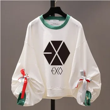 Kpop EXO 2021 nový kórejský luk voľné farbou hoodies žena long-sleeve kolo krku svietidla rukáv mikina ženy oblečenie