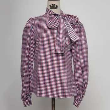 Vintage koberčeky luk blúzka ženy lístkového rukáv jar jeseň top tričko