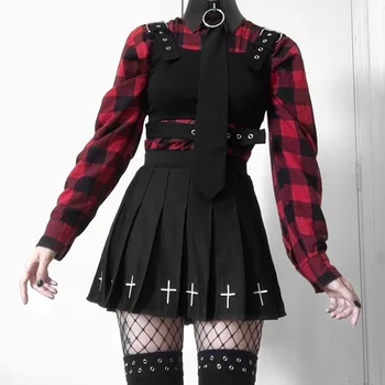 2020 Vysoký Pás Mini Black Sukne Gotický Streetwear Kríž Tlačiť Skladaný Ženy Bežné College Lolita Harajuku Streetwear Skater