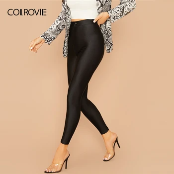 COLROVIE Čierne Tlačidlo Detail Skinny Nohavice Ženy 2019 Móda Jeseň Bežné Ženské Pevné Dlhé Naťahovacie Ceruzkou Nohavice