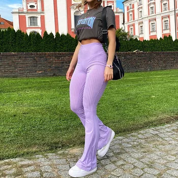 Módy sexy 2020 hot pletenie fialová Ženy Nohavice Ulici Vysoký Pás Nohavice Streetwear Bežné Nohavice Femme Jeseň