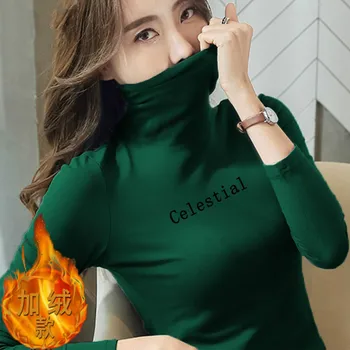 Zimné dámske vysoký golier klesnutie tričko dámske plus velvet kórejská verzia farbou slim oblečenie s dlhým rukávom T-shirt