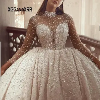 Luxusné Arabčina Korálkové Plesové Šaty, Svadobné Šaty 2020 Vestidos De Novia Dlhý Rukáv Vysoká Krku Svadobné Svadobné Šaty Župan De Mariee