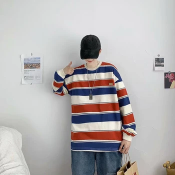 Japonský Kpop Zábavné Pruhované tričko Nadrozmerné Kolo Krku Tvorivé Dlhé Rukávy Oblečenia Harajuku Kontrast Farieb bežné Streetwear