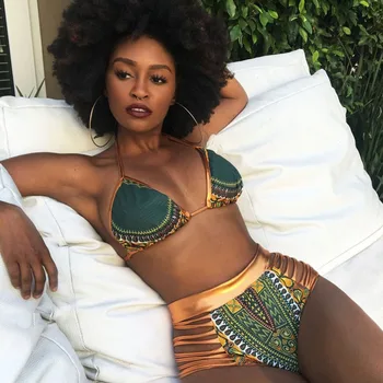 2020 Novej Africkej Tlače ženy, Dva Kusy Vaňa Vyhovuje Bikini Set Sexy Geometrické Plavky Zlato Vysoký Pás Plávanie Oblek