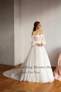 Verngo Nové Lístkového Dlhé Rukávy Dot Tylu Riadok Svadobné Šaty 2021 Mimo Shoulde Elegantné Svadobné Šaty Princezná Svadobné Šaty