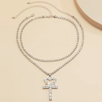 SHIXIN Vrstvený Lesklé Plný Spevnené Kamienkami Reťazca Náhrdelník pre Ženy Crystal Egypt Kríž Ankh Kľúčový Prívesok, Náhrdelníky Krku Šperky