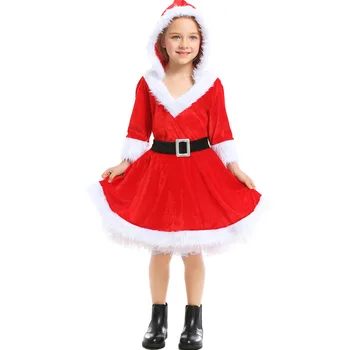 Dievčatá Miss Santa Claus Kostým Červené Šaty s Kapucňou S Spodnička Velvet VIANOCE, Vianoce, Nový Rok Maškarný