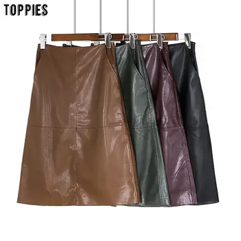 Toppies jeseň zima faux kožené sukne ženy vysoký pás sukne Black PU a-line streetwear kórejský Móda