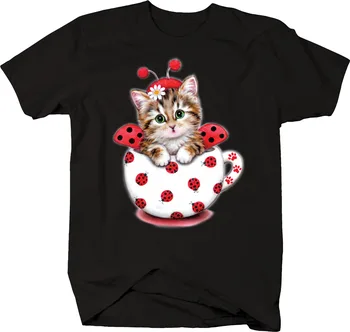 Roztomilý Mačiatko, Lienka Kávu, Čaj Hrnček Daisy Kvet Labky Mačka Zvierat T Shirt Harajuku Gotický T-shirt Hip Hop T-Shirt Ženy