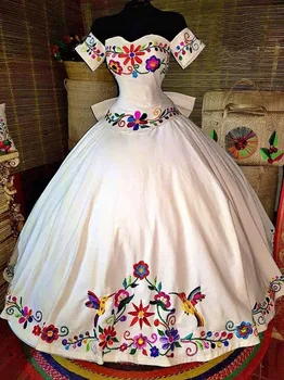 Mexické Charro Quinceanera Šaty Tému Farebné Vyšívané Ramena Satin predné Krajky-up plesové Šaty, Sweet 16 Vestidos 15 Anos