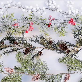 Vianočné skutočný dotyk umelý kvet pine pobočky s pinecone loptu snehu vianoce holly veniec imelo ilex nový rok home decor