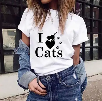 Plus Veľkosť XS-4XL Nové Krásna Mačka List Print T Shirt Ženy Bavlny O Krk Krátkym Rukávom Letné T-Shirt Topy Bežné Tričko