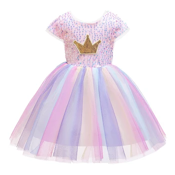 Dievča Šaty 2020 Detské Letné Šaty Dievča Deti Oblečenie Rainbow Načechraný Priadza Koruny Flitrami Princezná Šaty Pre 3-10 Rokov Starý